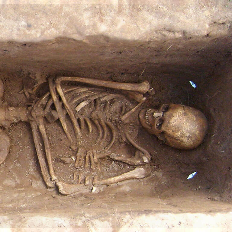 A skeleton with codename Glīw-man as discovered in the bowl hole graveyard