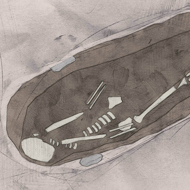 A drawing of skeleton with codename ādrinċeð as discovered in the bowl hole graveyard