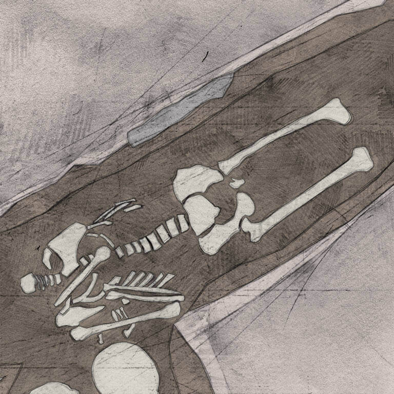 A drawing of skeleton with codename ofslēan as discovered in the bowl hole graveyard