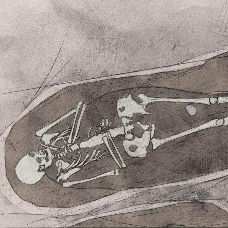 A drawing of skeleton with codename bæċ-bord as discovered in the bowl hole graveyard