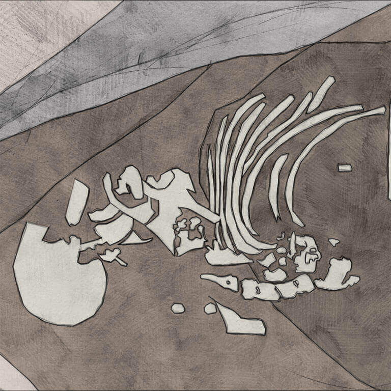 A drawing of skeleton with codename gebēoras as discovered in the bowl hole graveyard