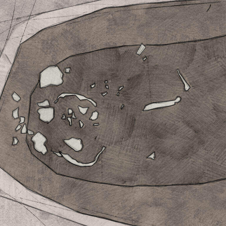 A drawing of skeleton with codename cwealm as discovered in the bowl hole graveyard