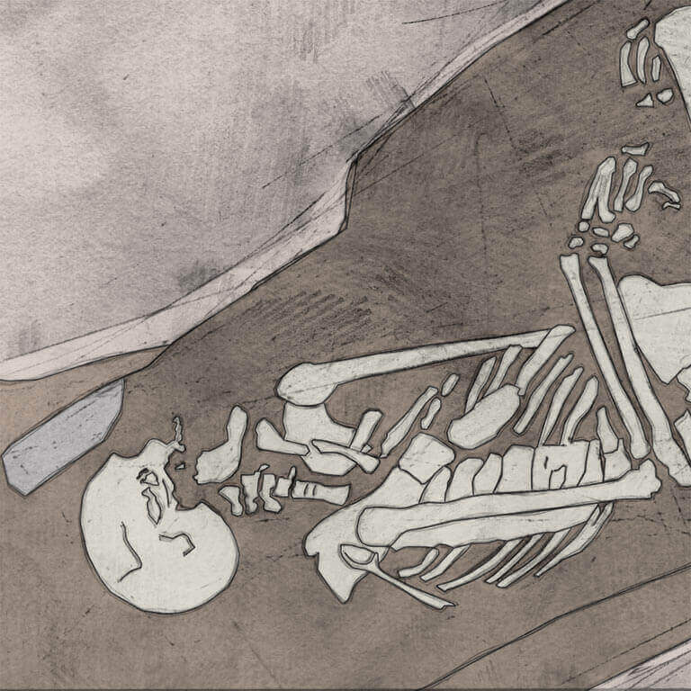 A drawing of skeleton with codename Drēam as discovered in the bowl hole graveyard