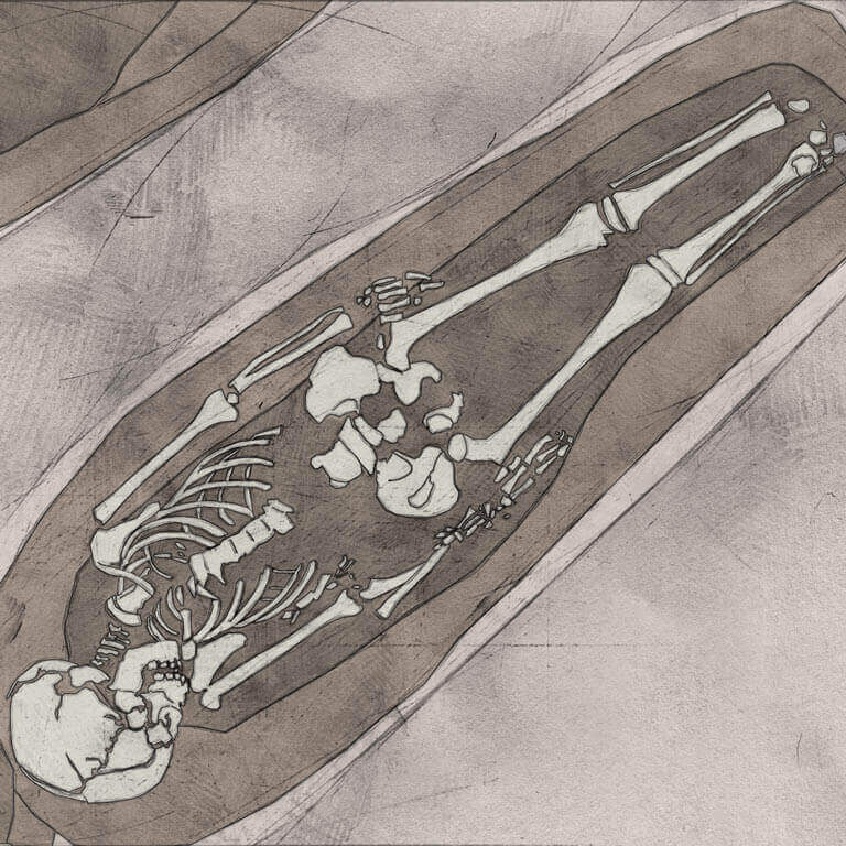 A drawing of skeleton with codename Fierd-wīte as discovered in the bowl hole graveyard