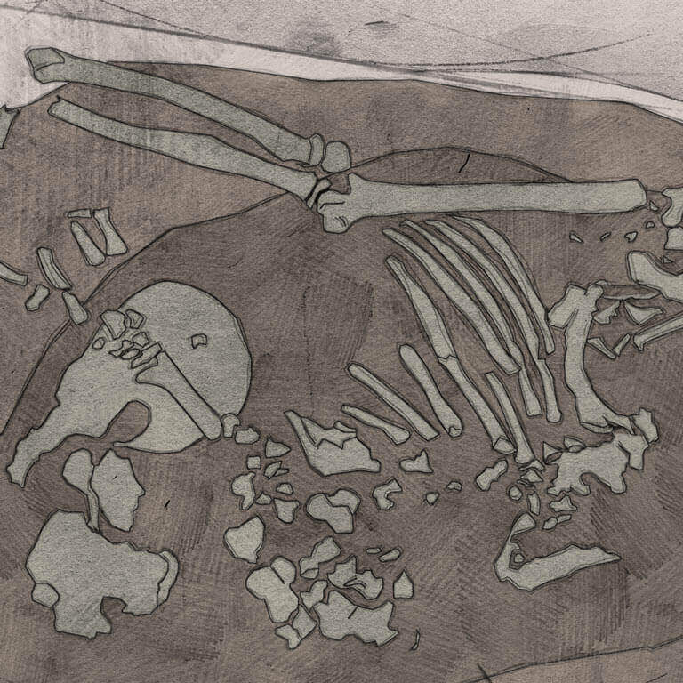 A drawing of skeleton with codename Hlynsode as discovered in the bowl hole graveyard