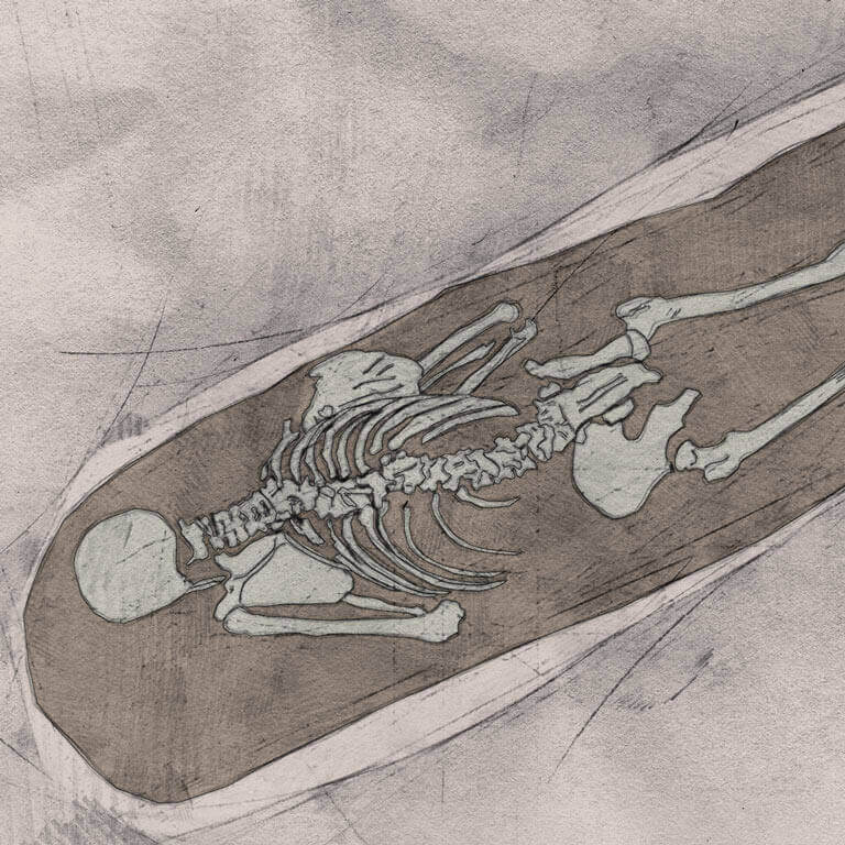 A drawing of skeleton with codename Heard-mōd as discovered in the bowl hole graveyard