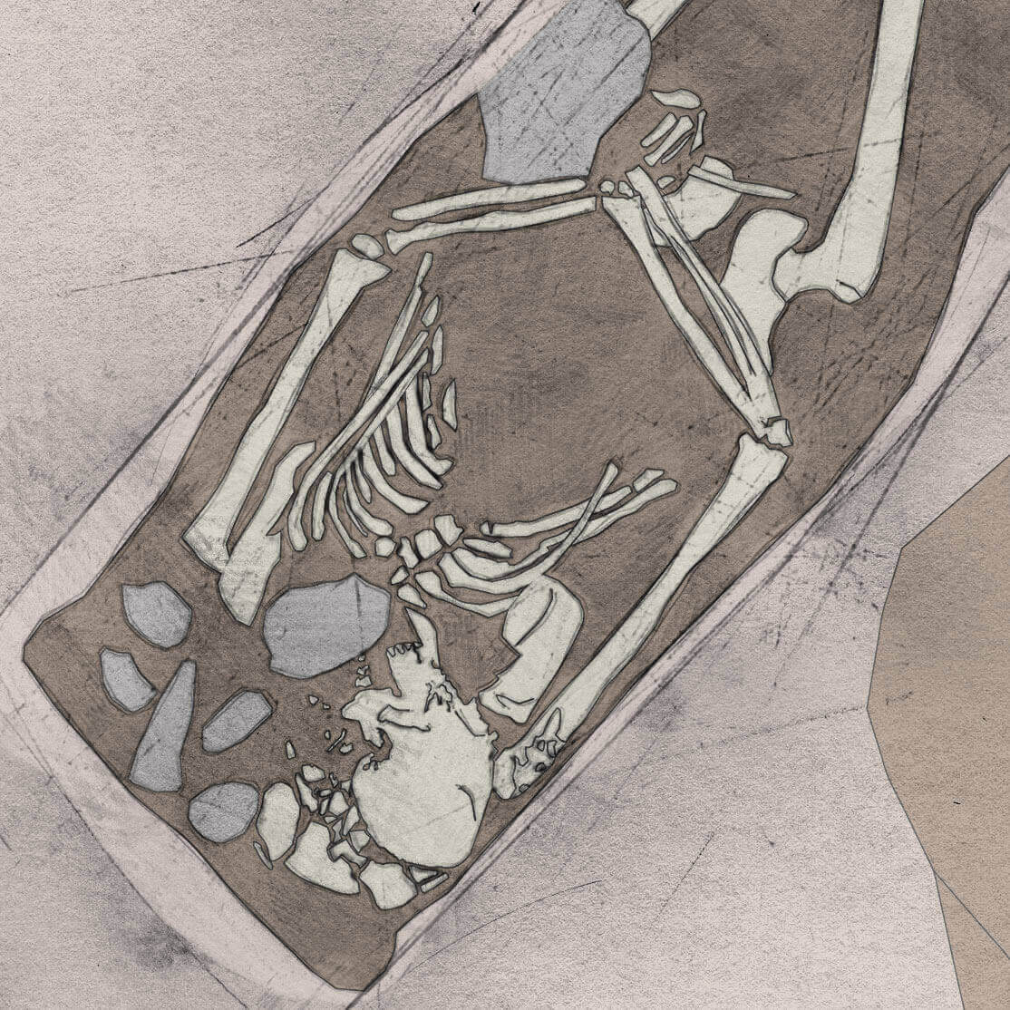 A drawing of skeleton with codename Pīp-drēam as discovered in the bowl hole graveyard