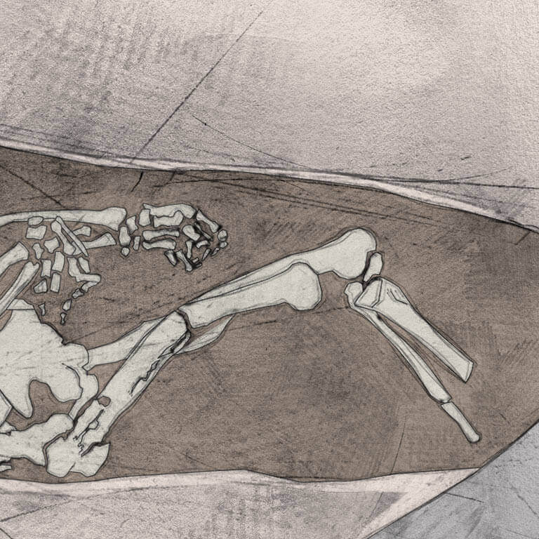 A drawing of skeleton with codename Sol-mōnað as discovered in the bowl hole graveyard