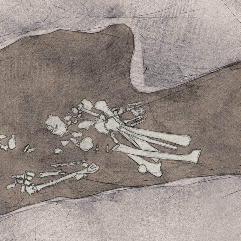 A drawing of skeleton with codename Snofliġ as discovered in the bowl hole graveyard