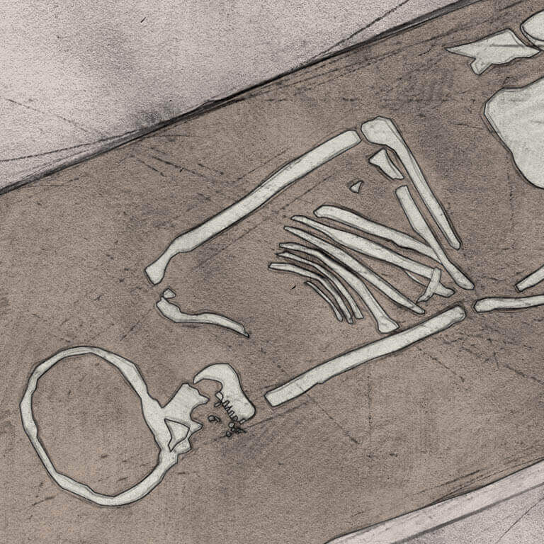 A drawing of skeleton with codename Wine as discovered in the bowl hole graveyard