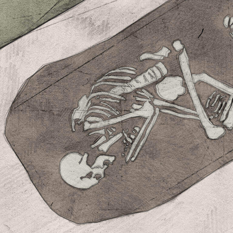 A drawing of skeleton with codename Cwalu as discovered in the bowl hole graveyard