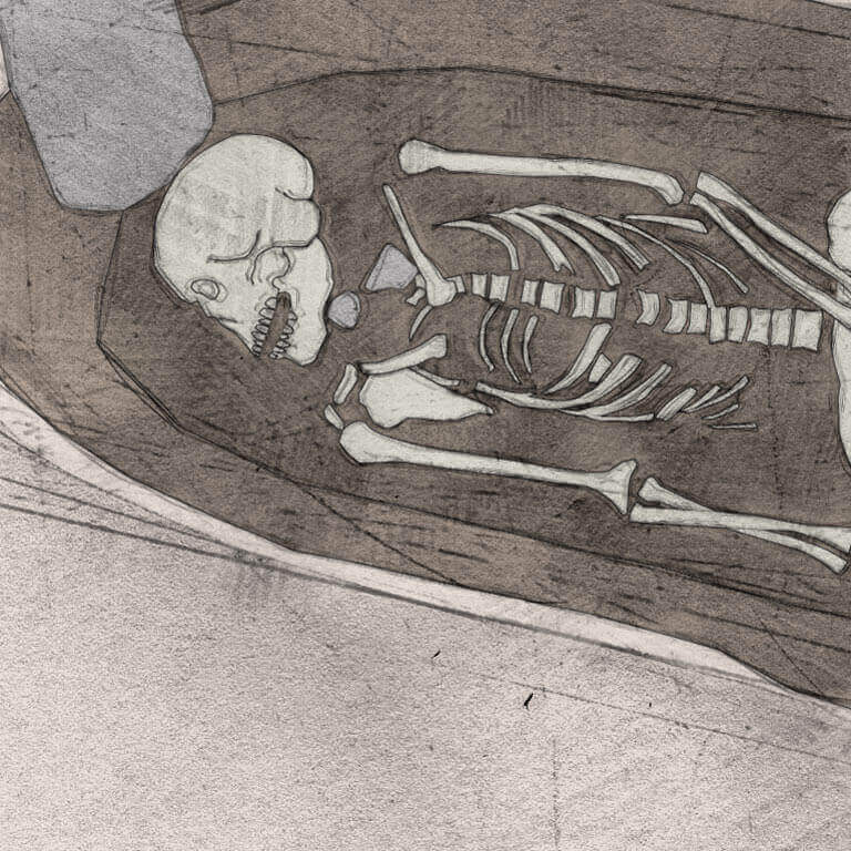 A drawing of skeleton with codename Hrycg as discovered in the bowl hole graveyard