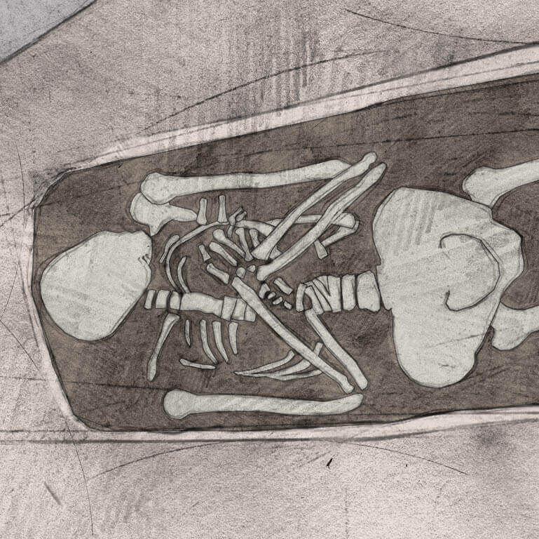 A drawing of skeleton with codename Wyrm-cynn as discovered in the bowl hole graveyard