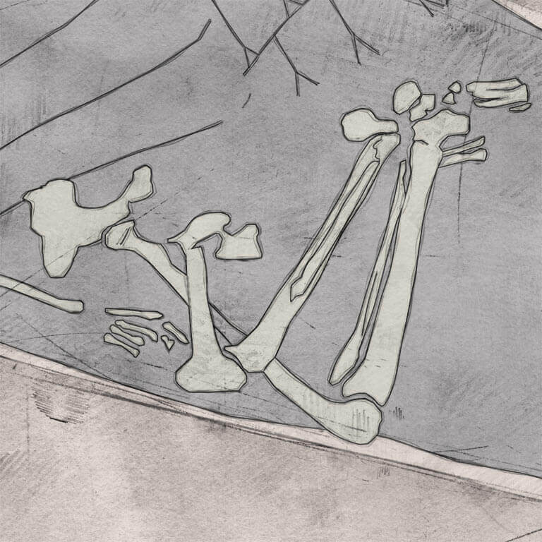 A drawing of skeleton with codename Hleów-feðer as discovered in the bowl hole graveyard