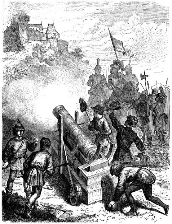 Drawing of 15th or 16th century cannon firing on fortification
